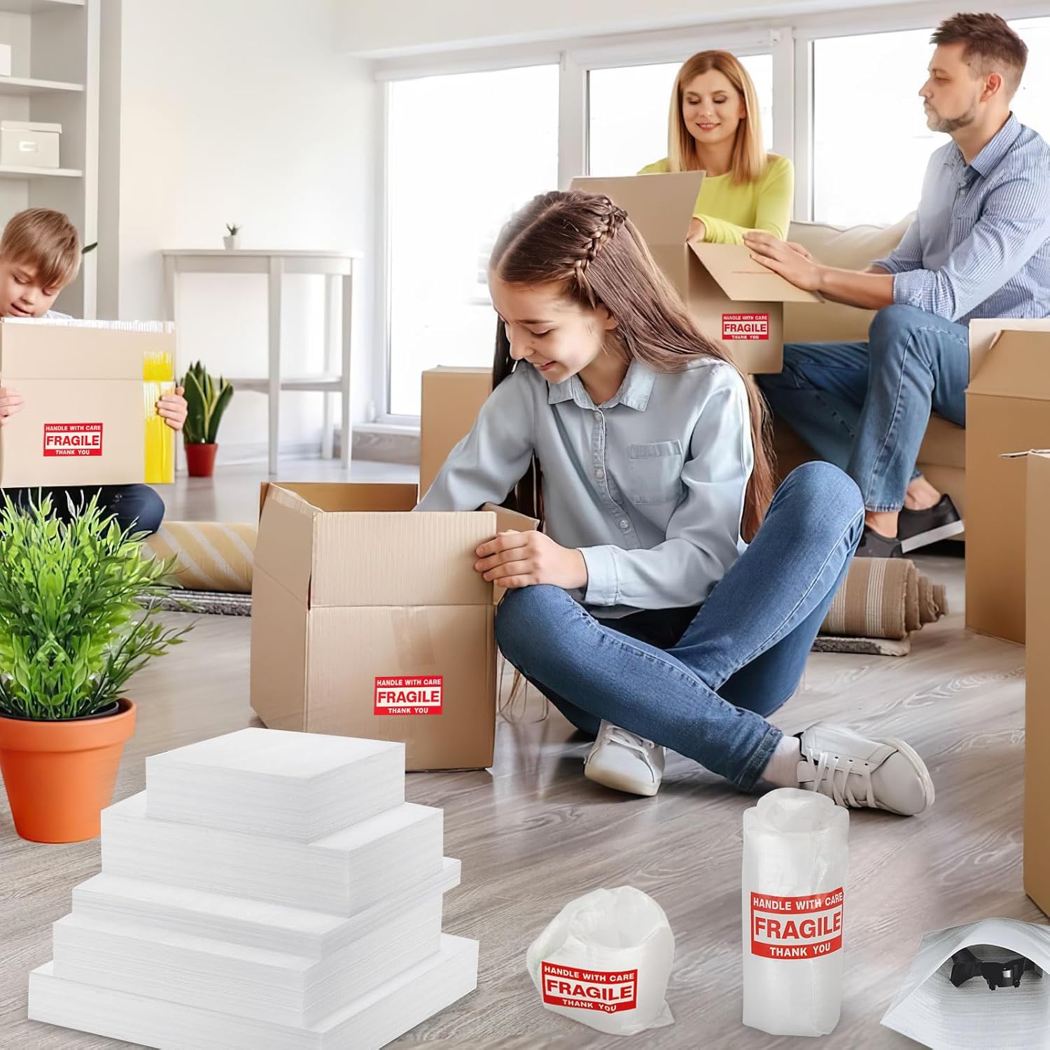 330 pcs Moving Packaging Supplies, 250 Cushioning Foam Pouches and Sheets, 4 Sizes（13.7"x13.7", 11.8"x11.8", 11.8"x7.8", 7.8"x7.8") with 80 Fragile Stickers for Moving, Packaging, Storage