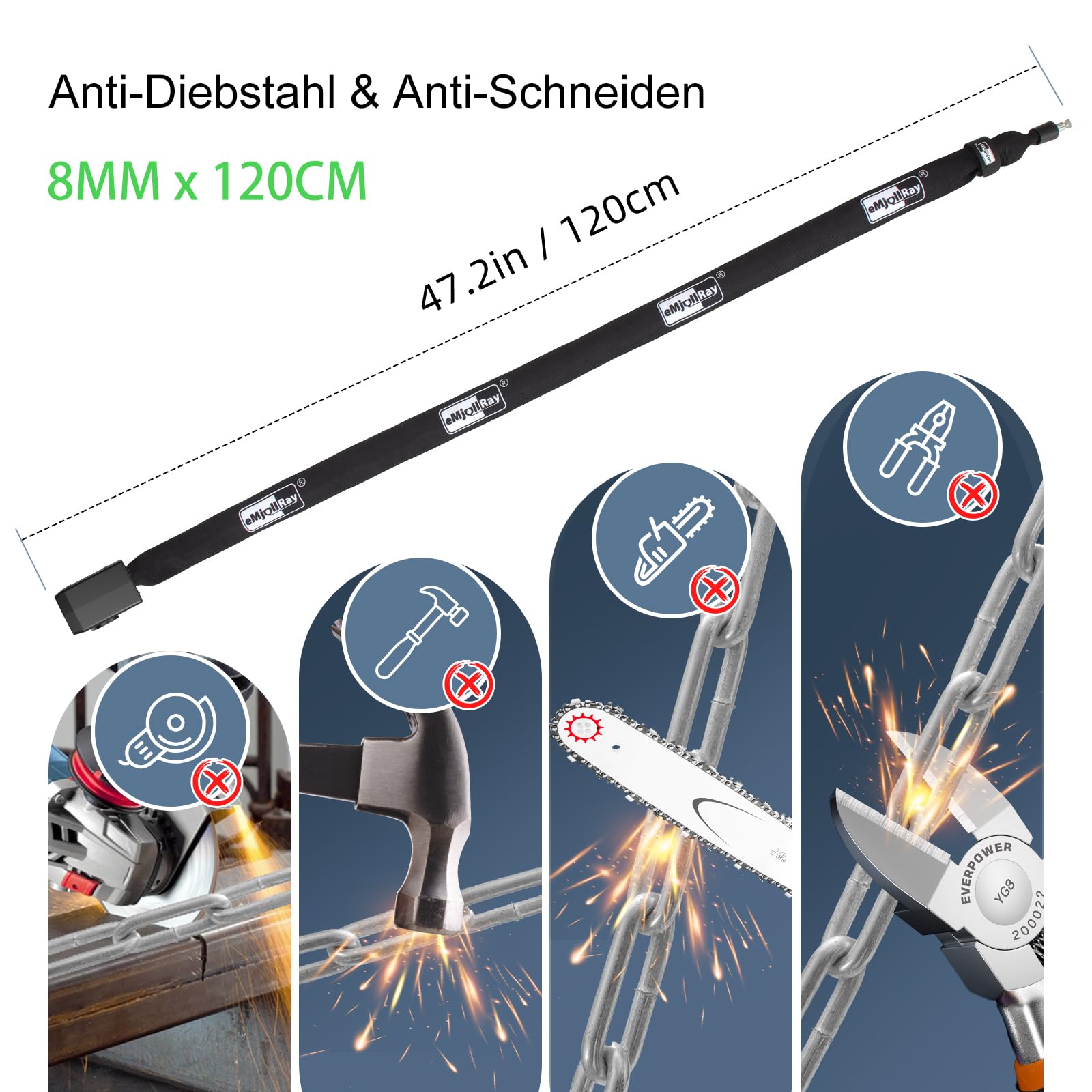 120cm Fahrradschloss mit Alarm 110dB Fahrrad Alarmanlage Schloss für E Scooter Ebike Fahrradschloss Hohe Sicherheit 8mm Dickes Kettenschloss, 2 Fernbedienungen,3 Schlüssel,USB C Kabel,Tasche