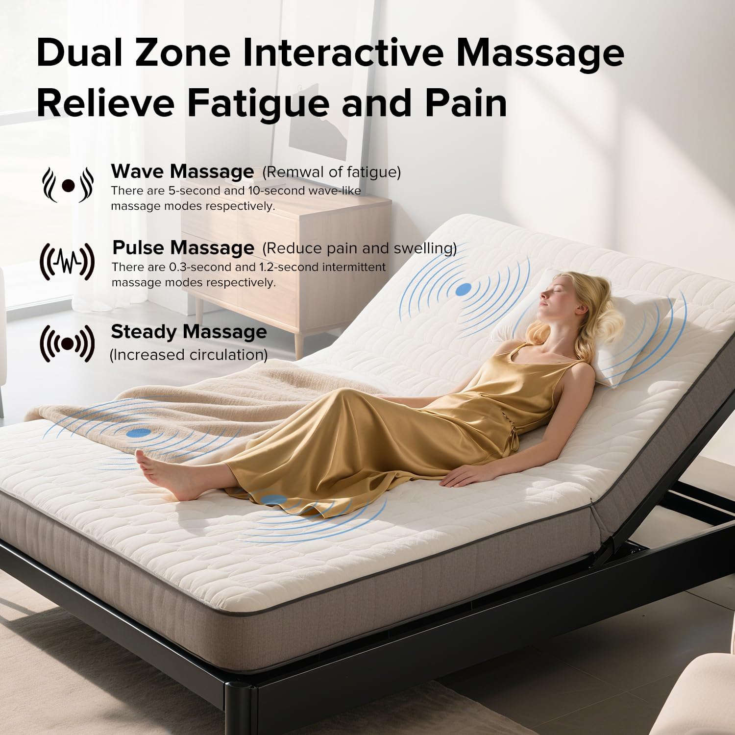 Queen Adjustable Bed Frame with Massage, Head & Foot Incline, Wireless Remote, Dual USB Ports & LED Night Light, Quiet Motor Electric Bed Base with 4 Height-Adjustable Legs, Easy Assembly
