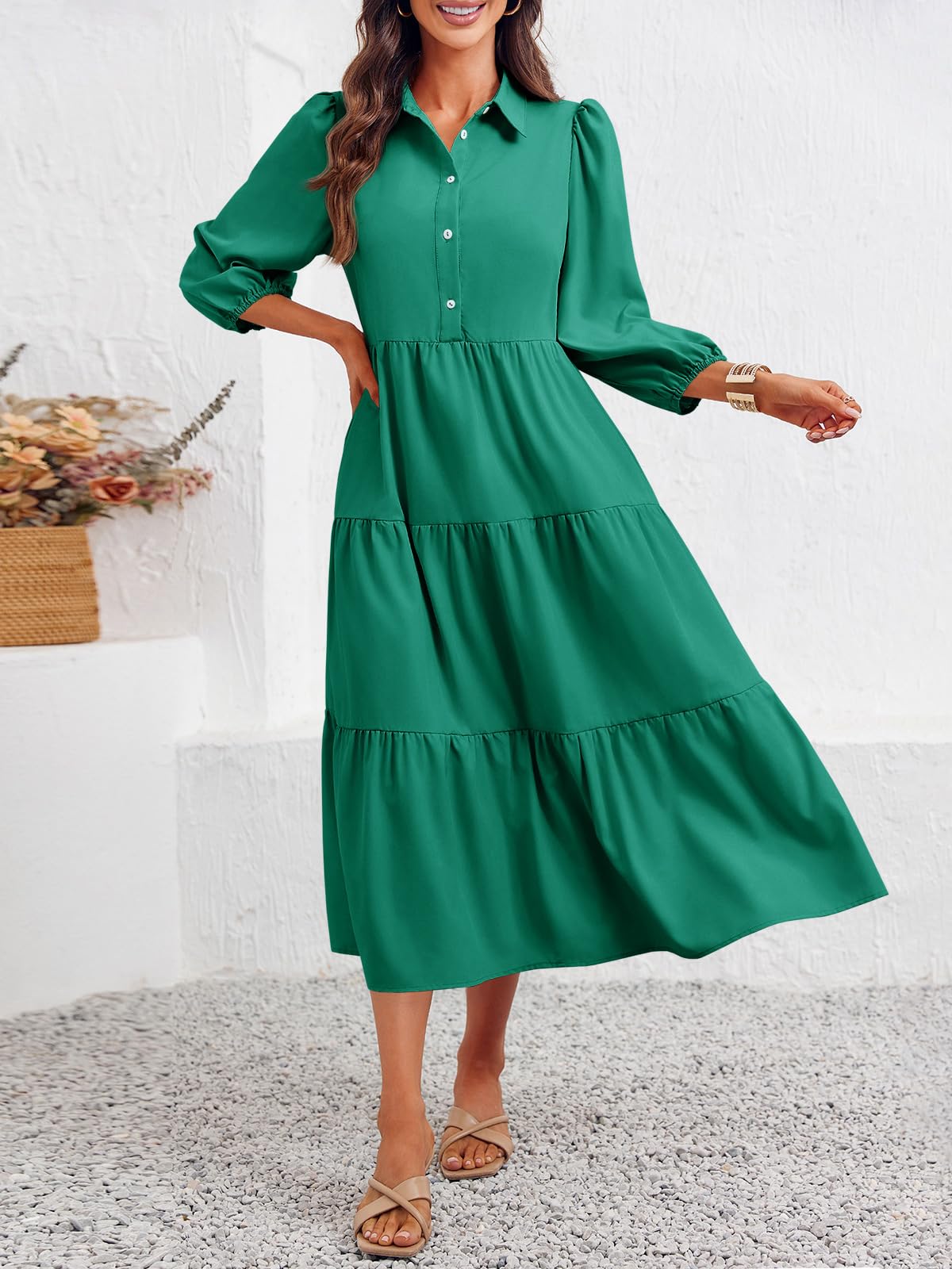 Wenrine Abito da donna casual con maniche a 3/4, con bottoni, scollo a V, colletto a balze