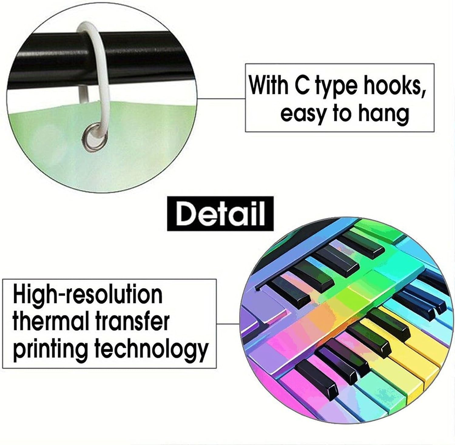 Colorful Piano Keyboard Music Note Shower Curtain with Hooks 70.8"x70.8" Luxury Polyester Fabric Shower Curtains Modern Decorative Waterproof Bathroom Curtain Heavy Duty Bathroom Accessories image 4