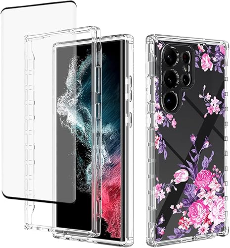 Funda para Galaxy S23 Ultra, Samsung S23 Ultra con protector de pantalla de vidrio templado, diseño floral a prueba de golpes, funda protectora de