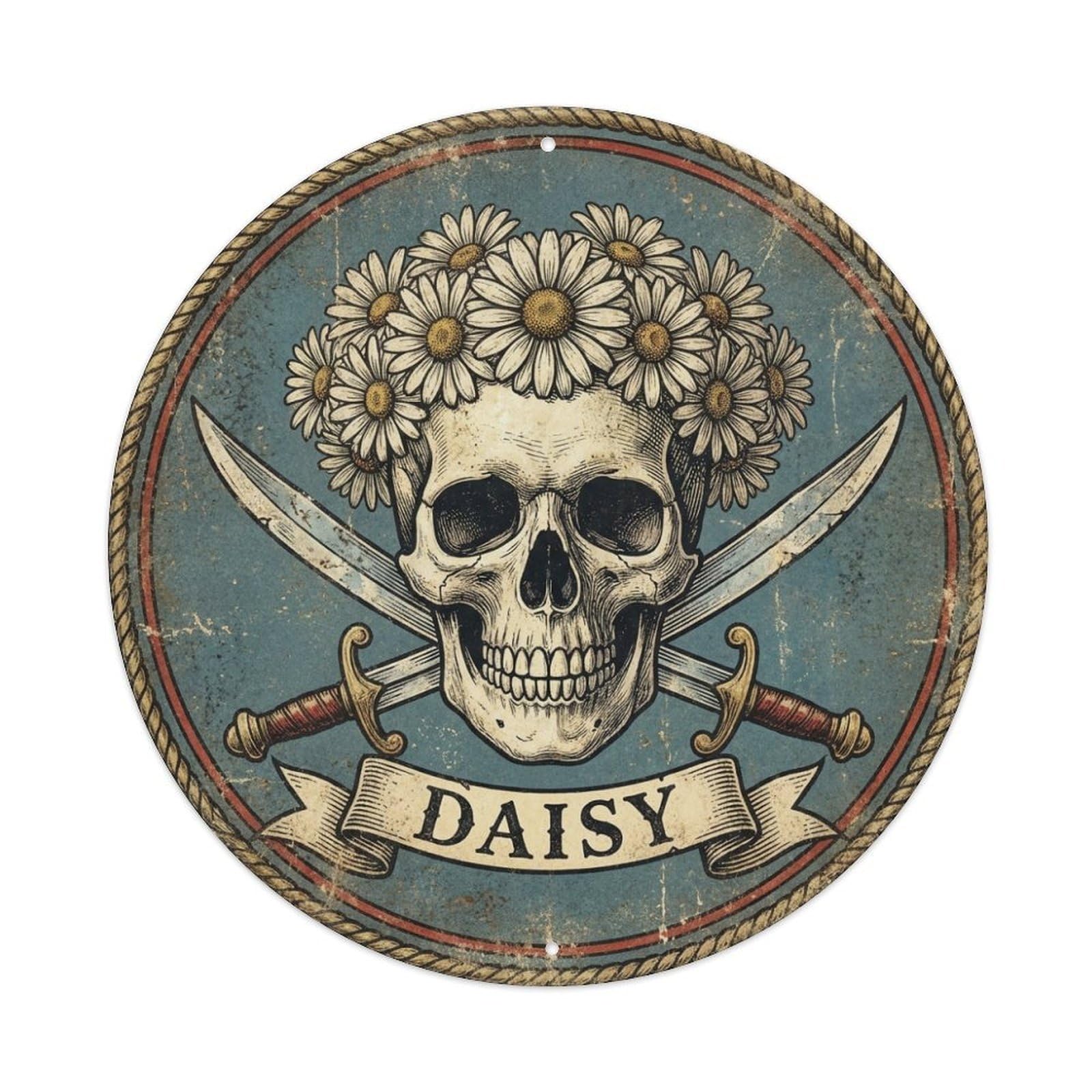 Daisy Skull Flower Crown Cutlasses Jolly Roger Metal Tin Sign