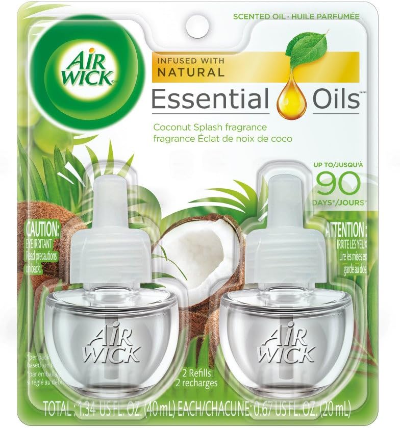 Air Wick plug in Scented Oil 2 Refills, Coconut Splash, (2x0.67oz), Essential Oils, Air Freshener