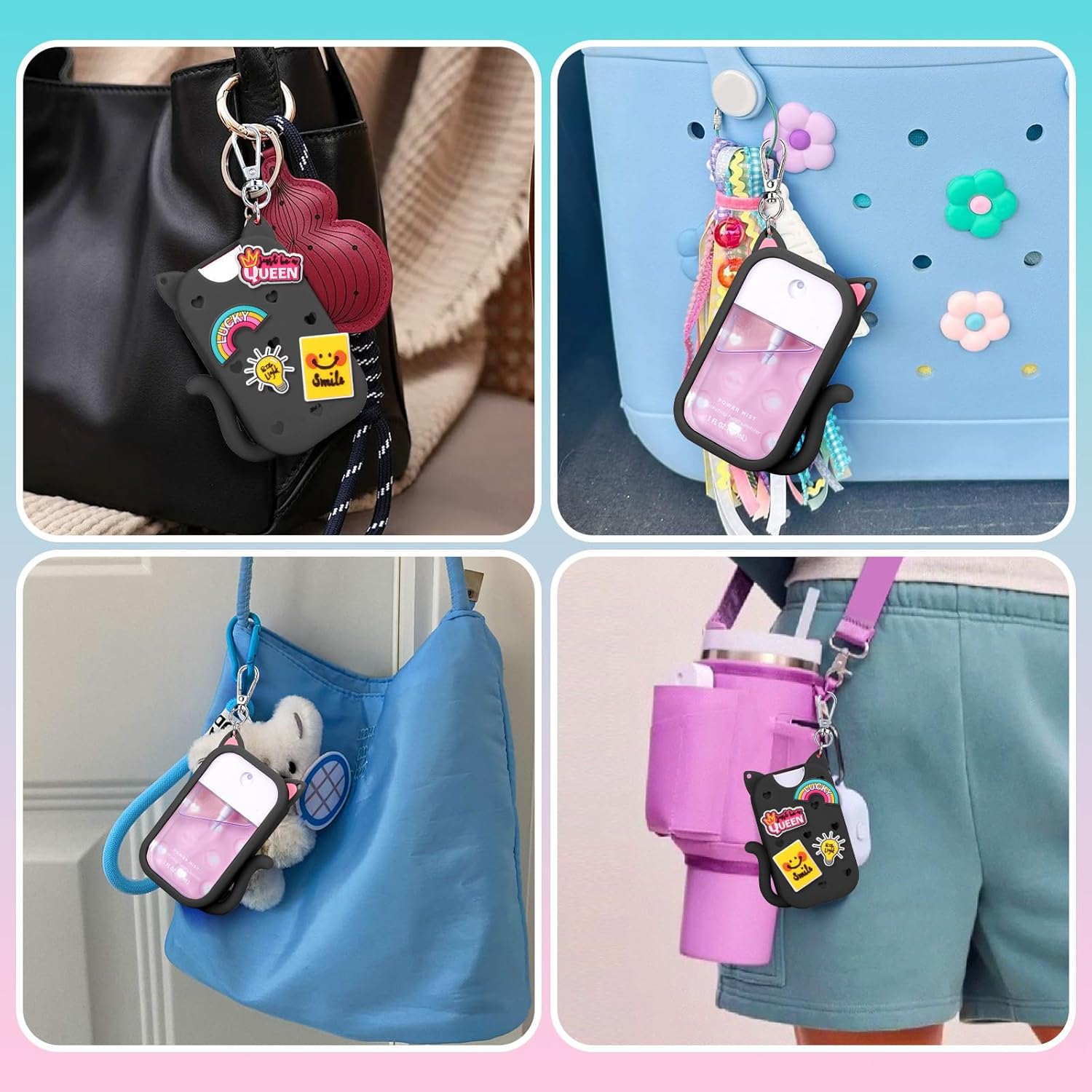 Juome Silicone Case for Touchland Hand Sanitizer Spray with Keychain & Charms, Cat Protective Holder Compatible with Touchland Power Mist & Glow Mist 1 FL Oz/30ML,Travel Cover Sleeve Accessory (Black) - Image 6