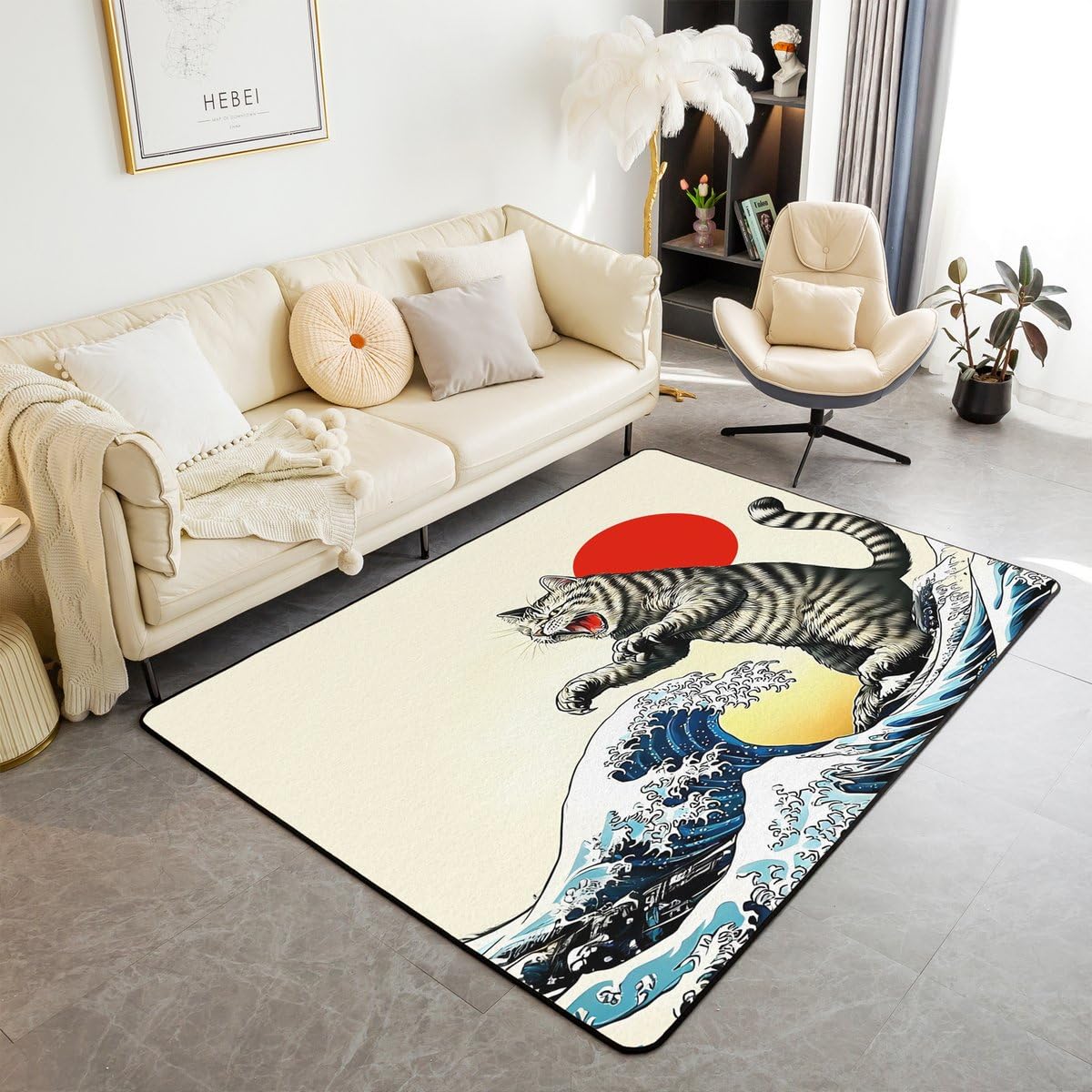 Homewish Tapis Salon 150x200cm Chat Japonais Drôle,Tapis Sol Japonais Ukiyo-E Chat,Tapis Chambre Animaux Kawaii,Décoration D'Intérieur Filles Garçons Adultes Coucher de Soleil Océan Vagues de Mer