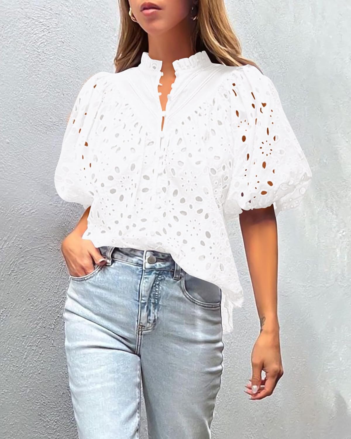 Summer Women's Tops 2025 Dressy Casual Cute Short Sleeve V Neck Buttons Hollow Out Lace Embroidered Blouses Shirts - Image 3