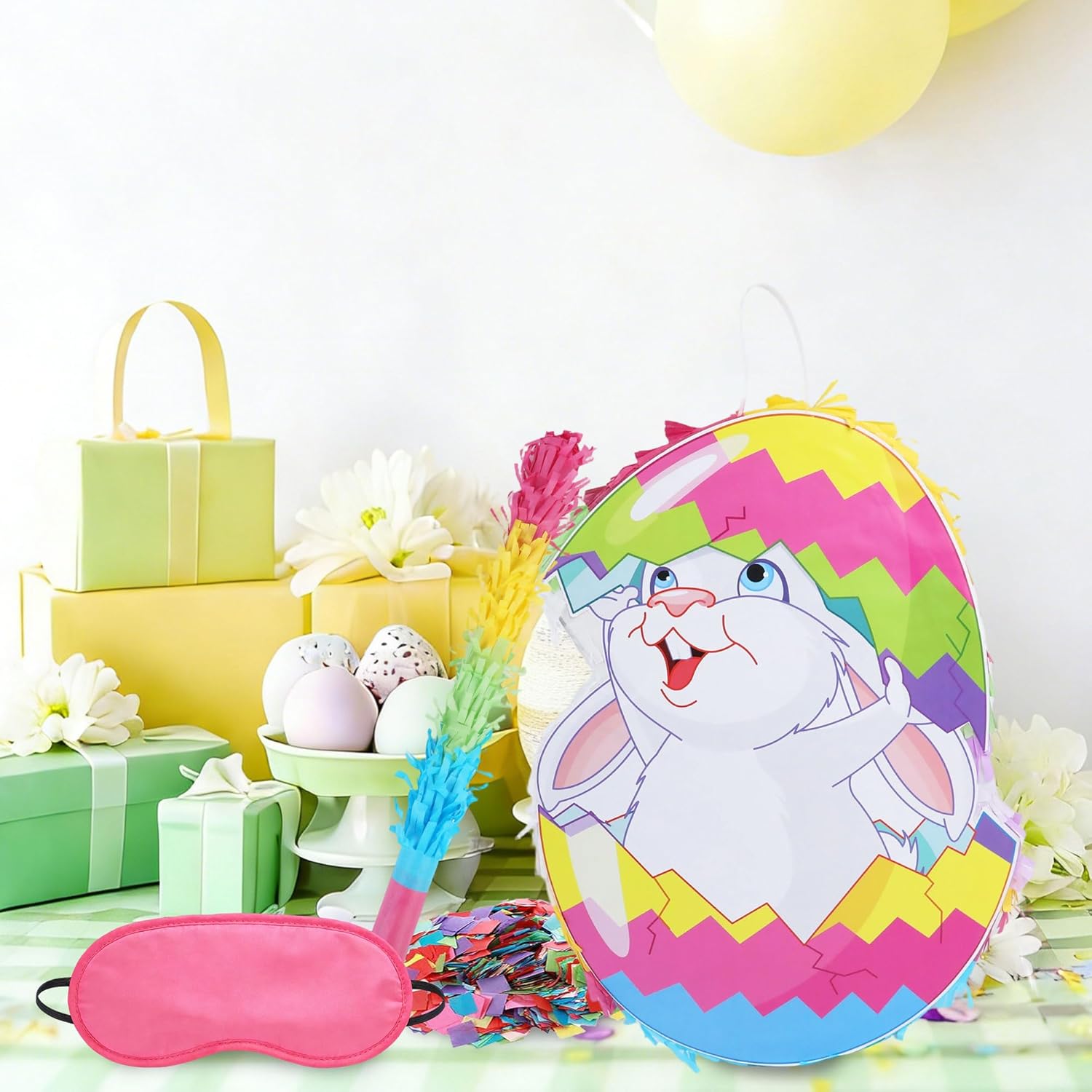 Easter Bunny Pinata, Cracked Egg Bunny Piñata with Blindfold Stick and Confetti, Easter Party Game Decoration for Holiday Celebration