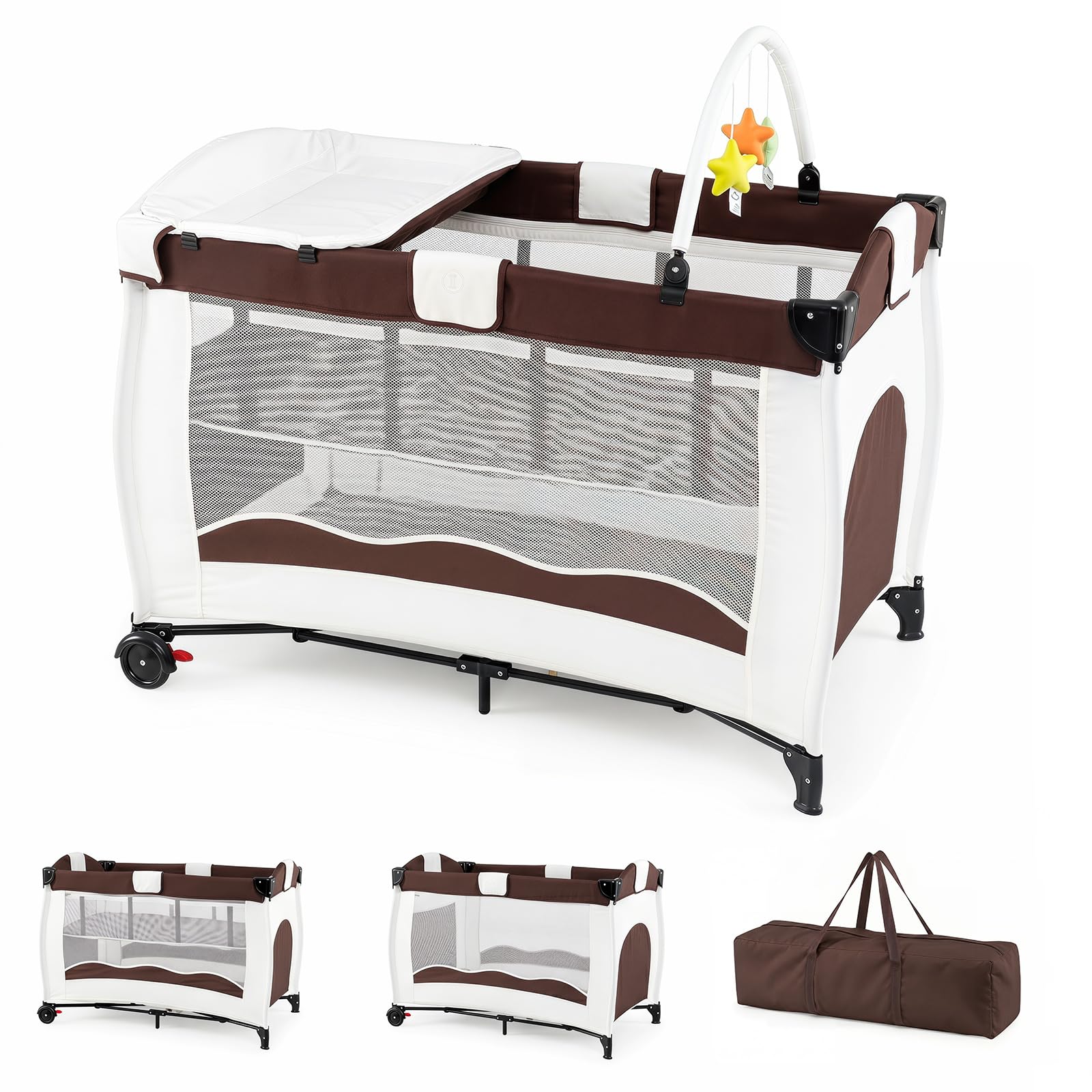 COSTWAY 4 en 1 Lit Parapluie Bébé Pliable avec Matelas (Marron)