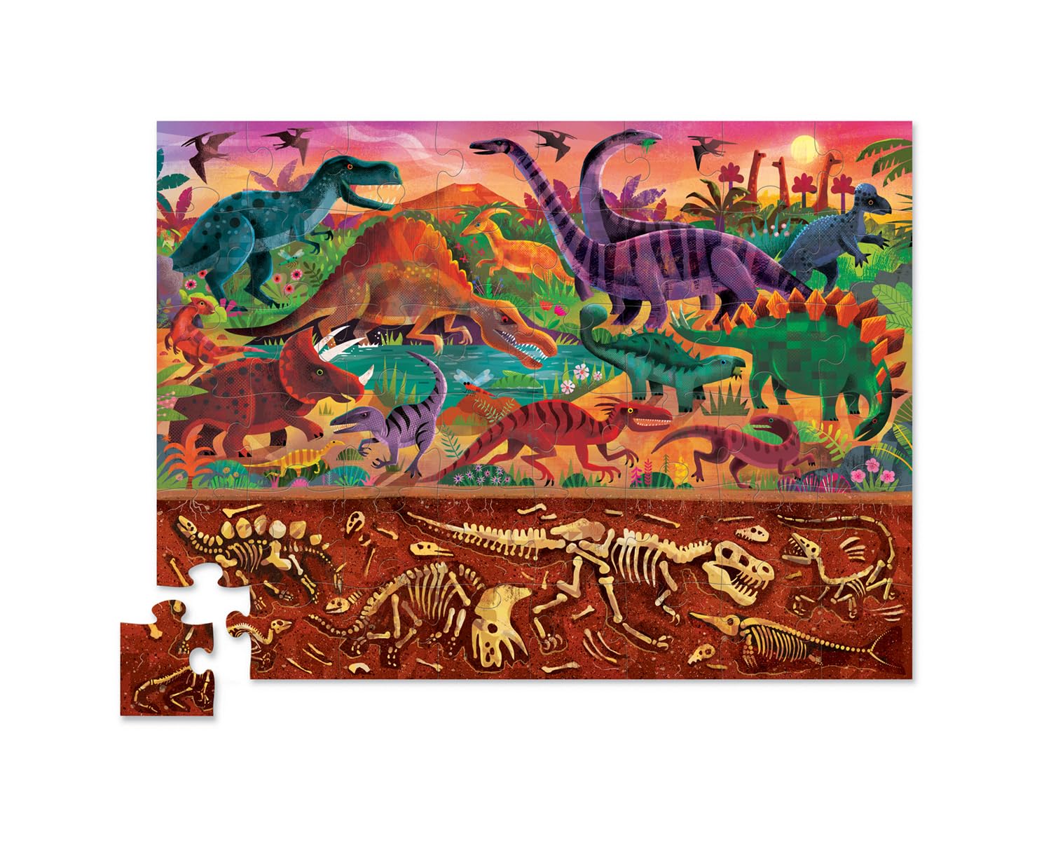 Crocodile Creek - Above + Below - Dinosaur World - 48-Piece Jigsaw Floor Puzzle with Heavy-Duty Shaped Box for Storage, Large 27" x 20" Completed Size, Designed for Kids Ages 3 Years and up - Image 2