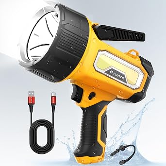 FORTO Rechargeable Spotlight 2000,000 Lumens, IPX7 Waterproof Bright LED Spotlight Flashlight with COB Light & Foldable Stand,6 Light Modes for Boating Camping Hiking Hunting