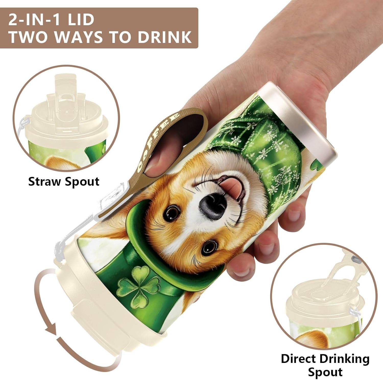 Cute Dog St Patricks Insulated Coffee Mug with Straw & Flip Lid, 16.9oz Iced Tumbler Cup, Double Wall Vacuum Leak-Proof Mug for Travel Office