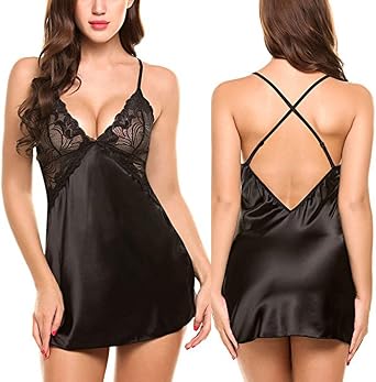 Women's Nightgowns Sexy Lace Night Gown Satin Deep V-Neck Chemise Classic Sikly Nightgowns Sleep Dress Nighty