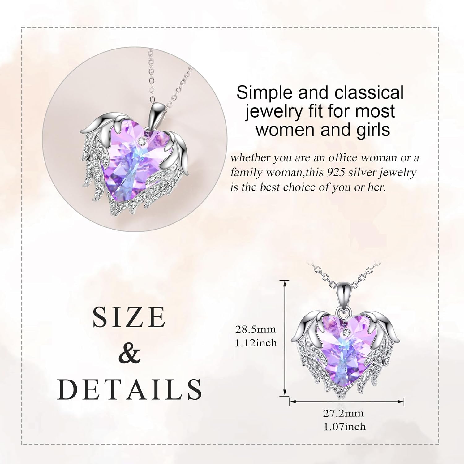 KQF 925 Sterling Silver Crystal Angel Wings Necklaces for Women, Love Heart Pendant with Birthstone, Birthday Jewelry Gifts for Mom Wife Girlfriend - Image 5
