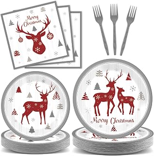 96Pcs Reindeer Christmas Party Supplies - Merry Christmas Deer Dinner Plates for 24 Guests - Disposable Tableware Set