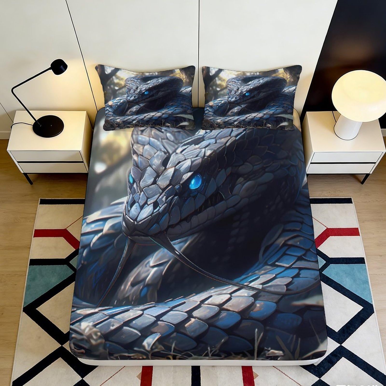 3D Printed Blue Snake Fitted Sheet Microfiber Anti-Slip Bed Cover for Bedroom Dorm Easy Care 3D Animal Decor 90x200x25cm