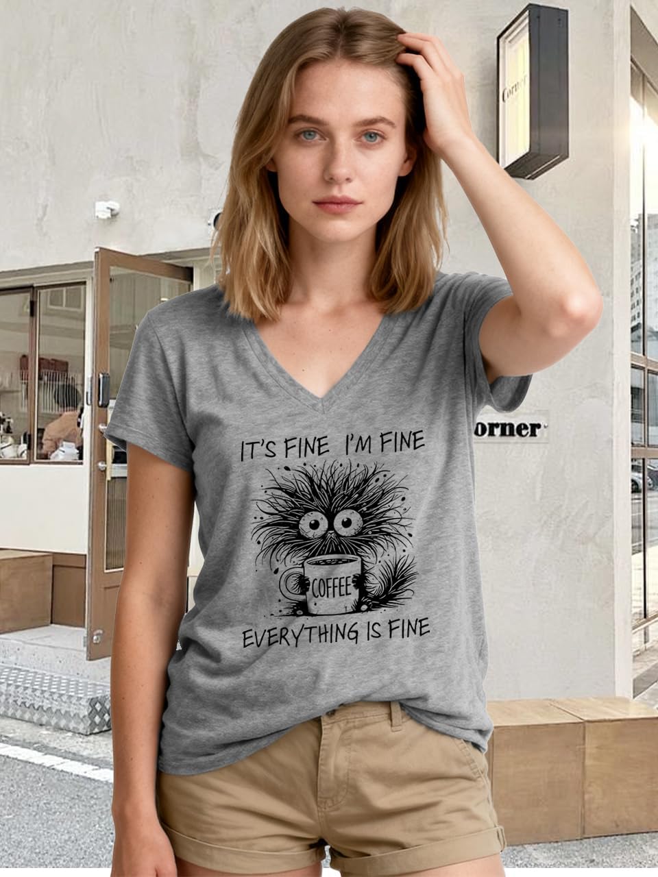 Women's I'm Fine Everything is Fine Short Sleeve Funny V Neck T Shirts Casual Cute Cat Graphic Tee Blouse Tops - Image 3