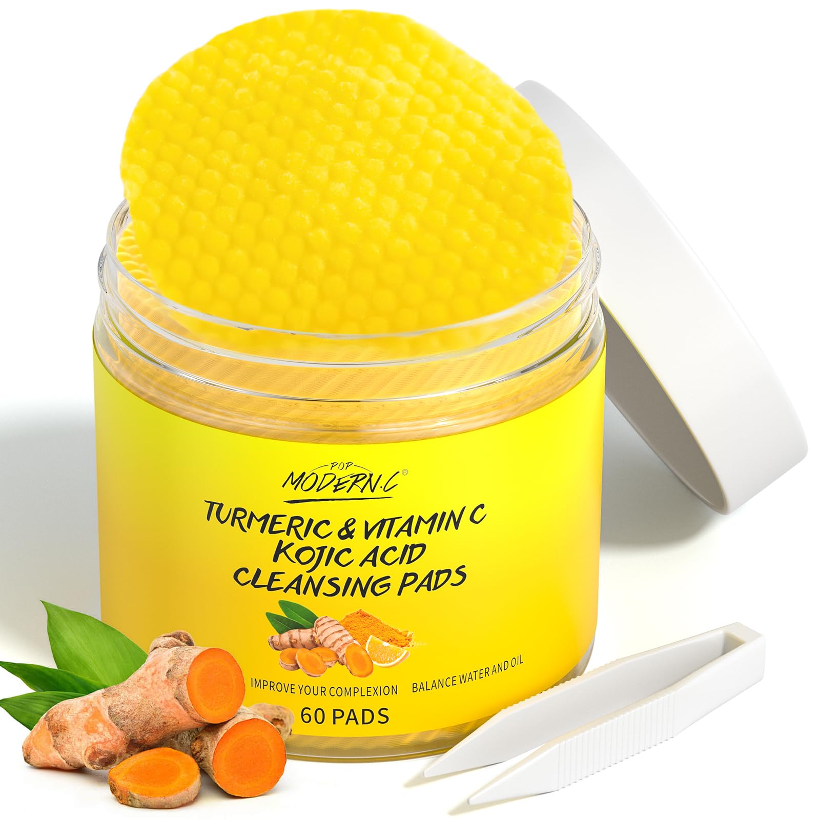 Dischetti Detergenti All'acido Cogico Alla Curcuma per il Viso 60 Pezzi, Dischetti Esfolianti Alla Curcuma, Dischetti Esfolianti alla Vitamina C per il Viso, Uniformano il Tono della Pelle