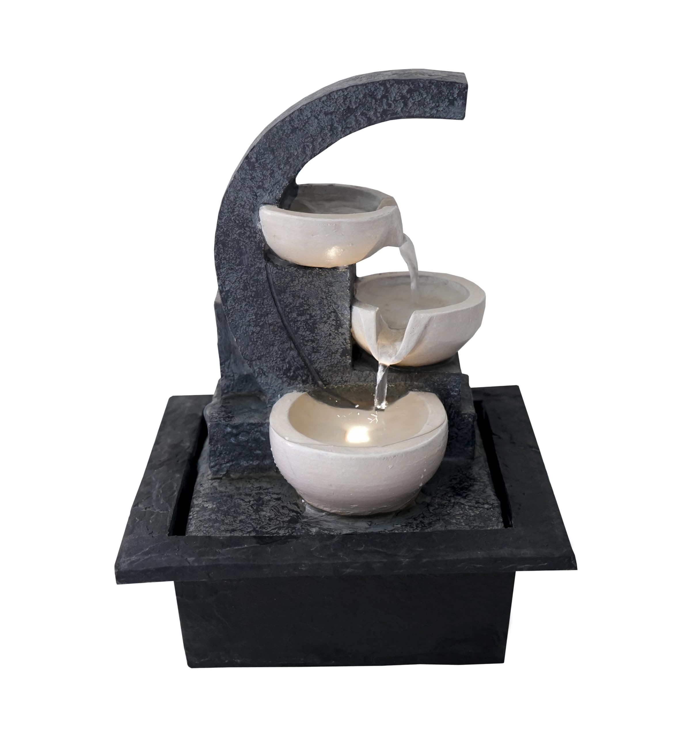 ARUM Lighting - Fontaine d'Intérieur de Table Arkadia, Cascade d'eau 3 Vasques Blanches en Résine, Éclairage LED Blanc Chaud, Pompe Réglable, Décoration Zen Salon et Bureau (H 26,5 cm)