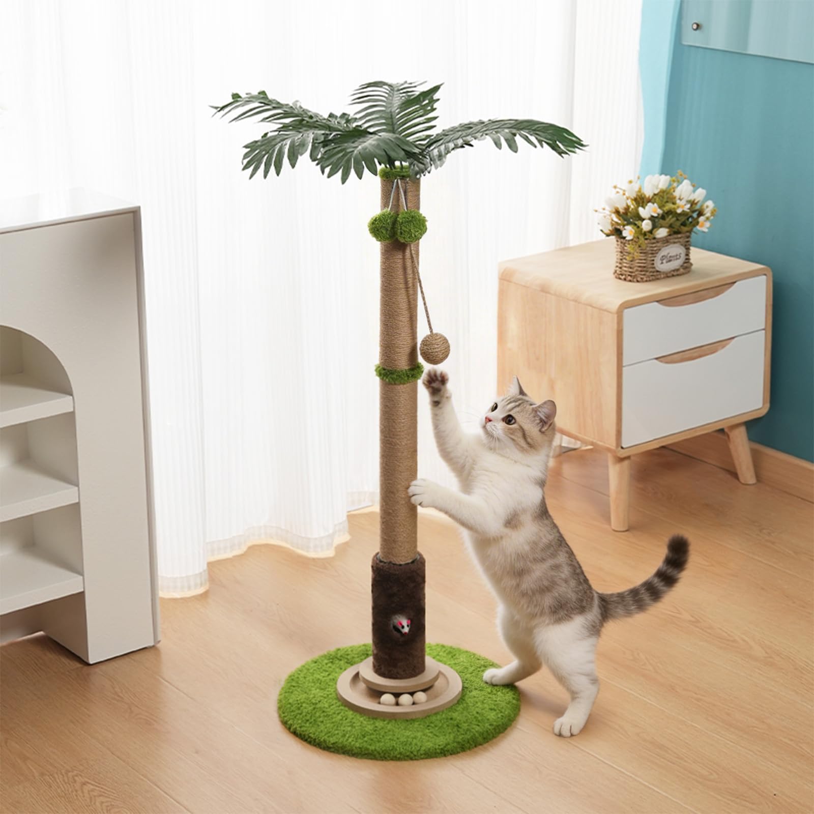 93 cm Kratzbaum, niedlicher Sisalseil-Kratzbaum mit baumelnden Bällen für Kätzchen & kleine Indoor-Katzen, langlebige und interaktive Kratzbäume (L)