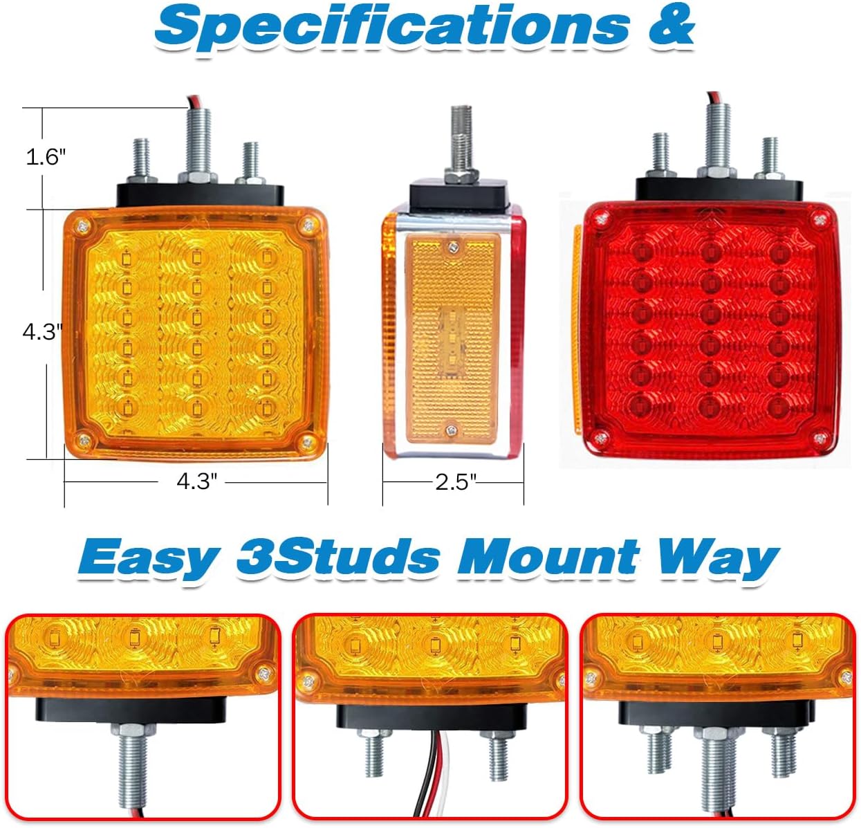 LED Pedestal Lights Amber/Red Double Face 39 LED Turn Signal Light stud mount fender lights for Heavy Truck Trailer Freightline Peterbilt Kenworth Mack Western Star (Driver/Passenger Sides, pack of 2)