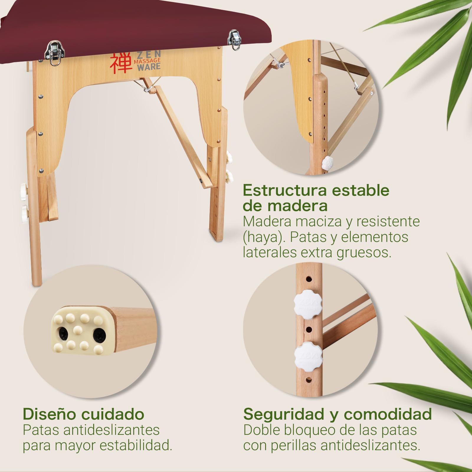 Zen – Camilla Masaje Plegable Mobile Startup de Altura Regulable - Camilla estetica sólida de Madera Maciza - Camilla Plegable con cabecera Regulable, reposabrazos y Bolsa de Transporte Burdeos