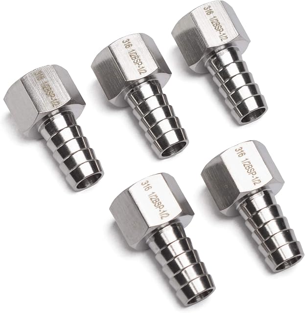 LTWFITTING Stainless Steel 316 BSP Fitting Coupler/Adapter 1/2-Inch Female BSPP x 1/2-Inch(12mm) Hose Barb Fuel Gas Air Fuel(Pack of 5)