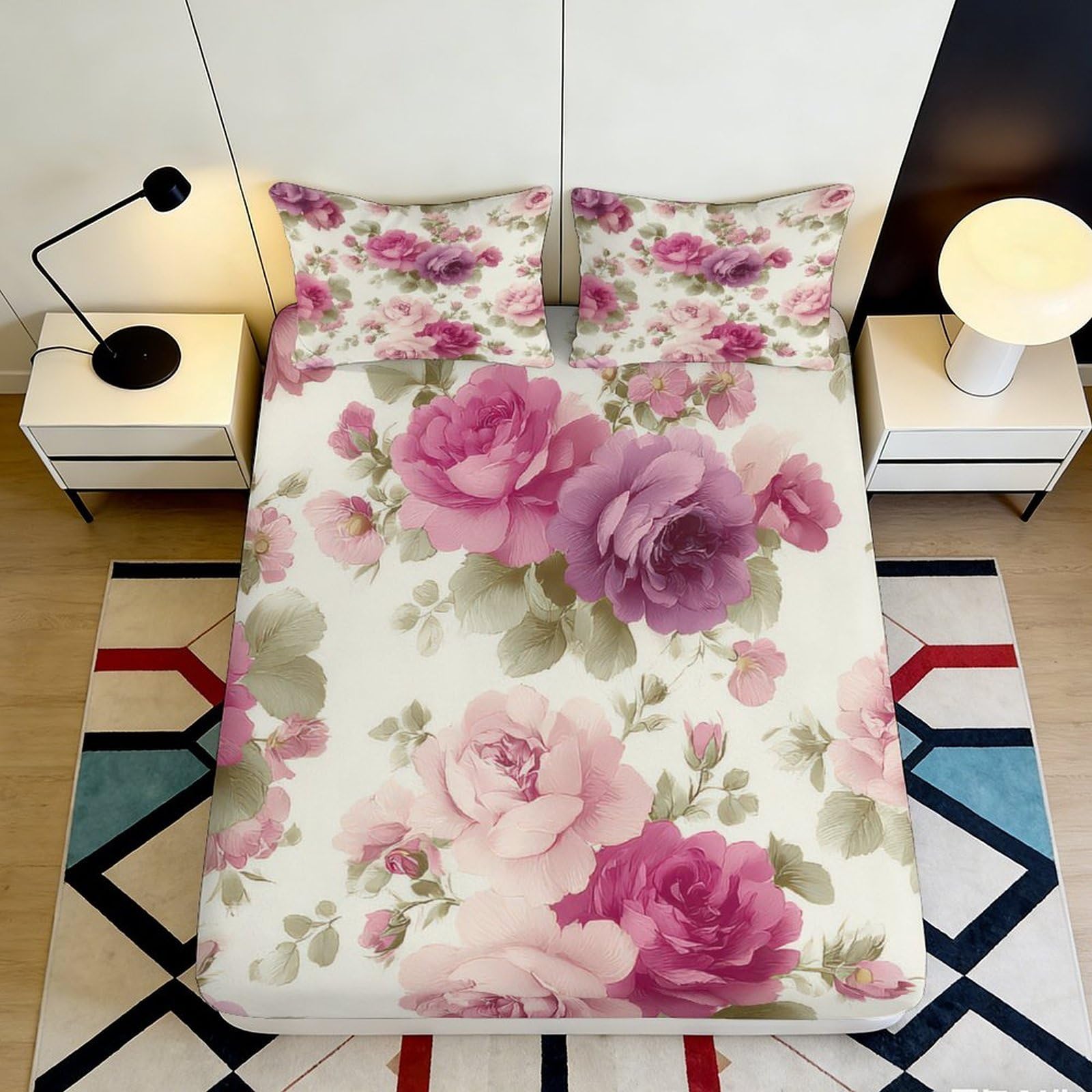 3D Printed Rose Blossom Fitted Sheet Microfiber Floral Pink Purple Mattress Cover for Bedroom Guestroom Decor 90x200x25cm