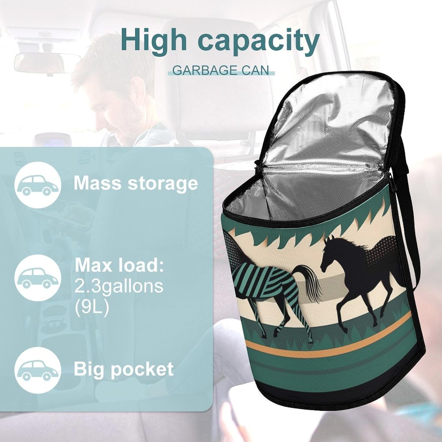 MUSM Leakproof Car Trash Can 2.5 Gallon, Durable Automotive Garbage Bag with Waterproof Liner, Horse Stripes Pattern Trash Bag for Car, Truck, RV & Bathroom