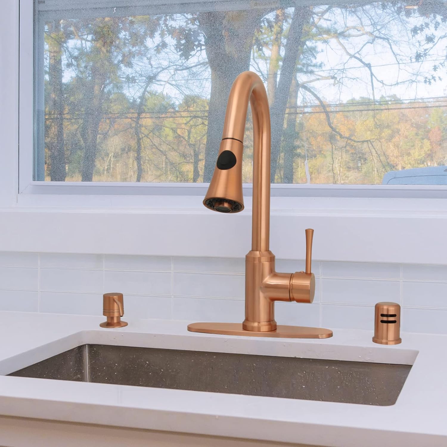 Copper Pull Down Kitchen Faucet with Deck Plate, Single Level Solid Brass Kitchen Sink Faucets with Pull Down Sprayer
