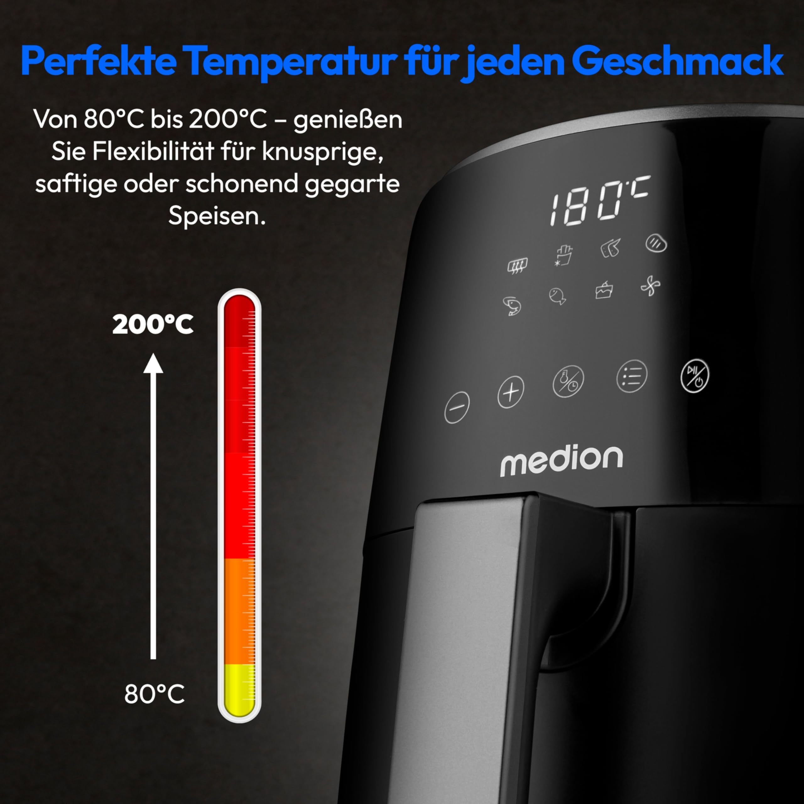 MEDION P40 L Heißluftfritteuse (4,7 Liter, Airfryer, 1500 Watt, einfache Bedienung, ölfreies Frittieren, 60 Min Timer, bis zu 200° C, Antihaft-Beschichtung, MD13030) schwarz