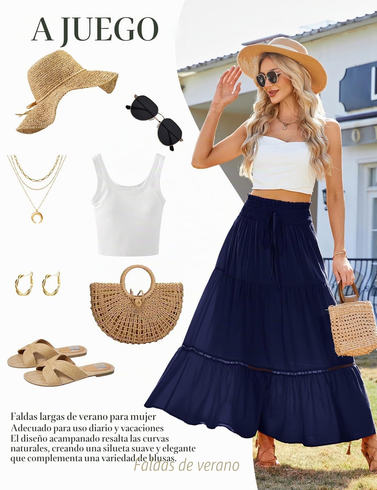 HEEKPEK Faldas Mujer Verano Cintura Alta Largas Falda Bohemia Maxi Corte A Falda Básica de Faldones para Vacaciones Playa Casual