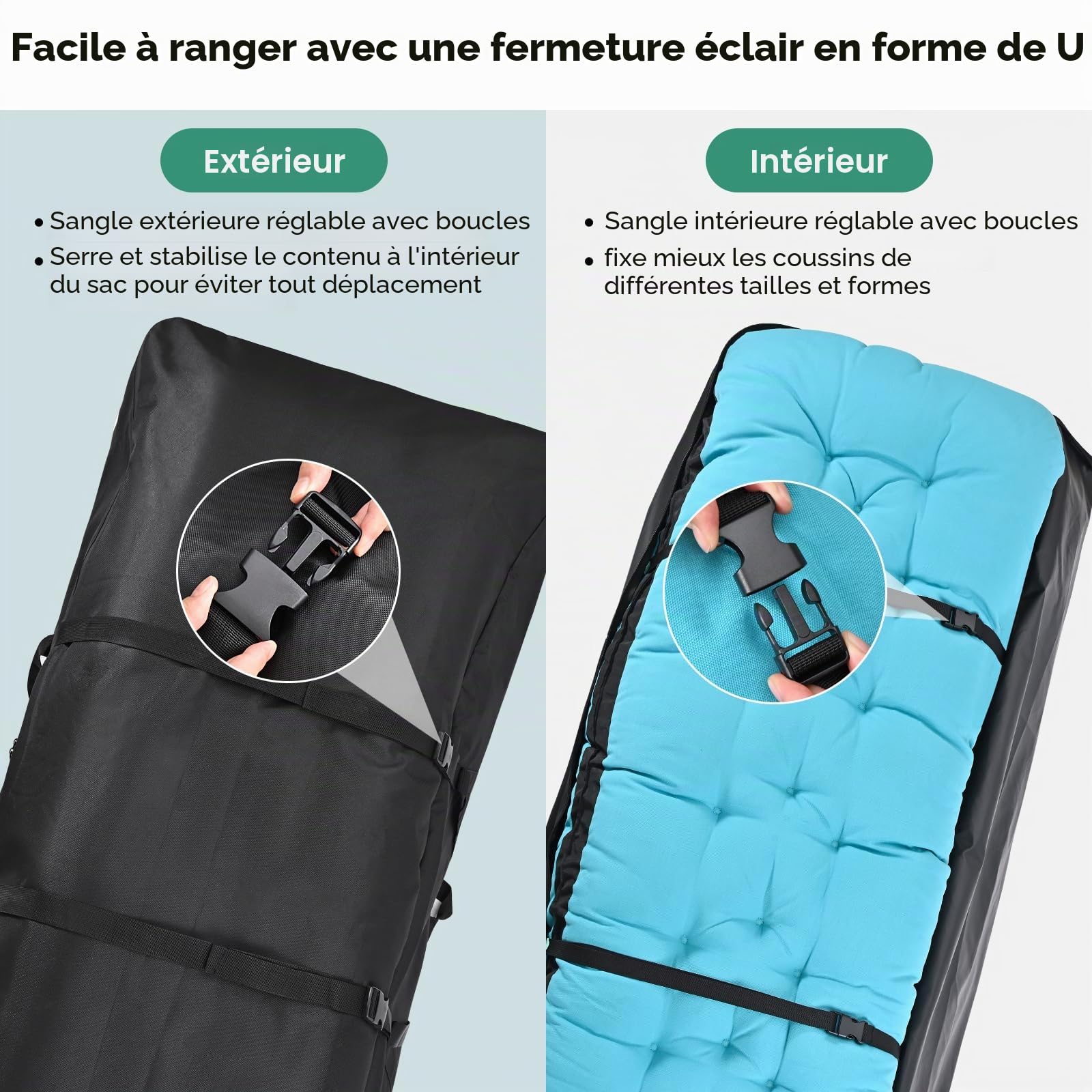 FAMIROSA Sac de Rangement pour Coussins de Jardin et Sac de Rangement imperméable, Anti-UV Tissu 600D Oxford, Fermeture éclair Durable et poignées pour Coussins d’extérieur (172x76x51cm)
