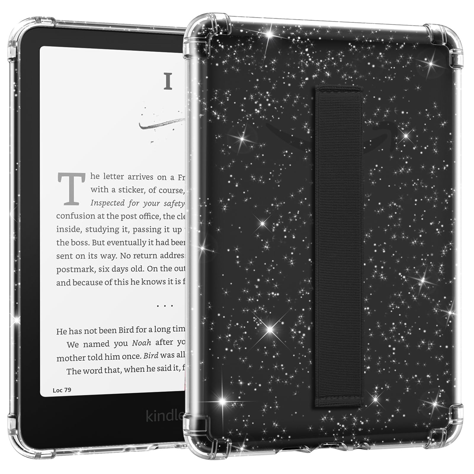 MoKo Case for 7" Kindle Paperwhite (12th Generation-2024) and Kindle Colorsoft Signature Edition, Hand Strap Case Ultra Slim Transparent Soft Flexible TPU Skin Bumper Back Cover Shell, Glitter+Black