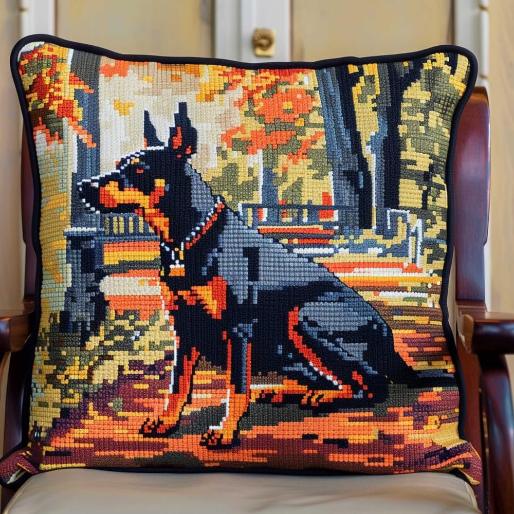 Kitquiver Dog and Bench Latch Hook Cushion Kits Doberman Pinscher Animal DIY Tapestry Throw Pillow Cover Needlepoint Cushion Kits for Home Décor Needlework Kit for Beginners 17x17in