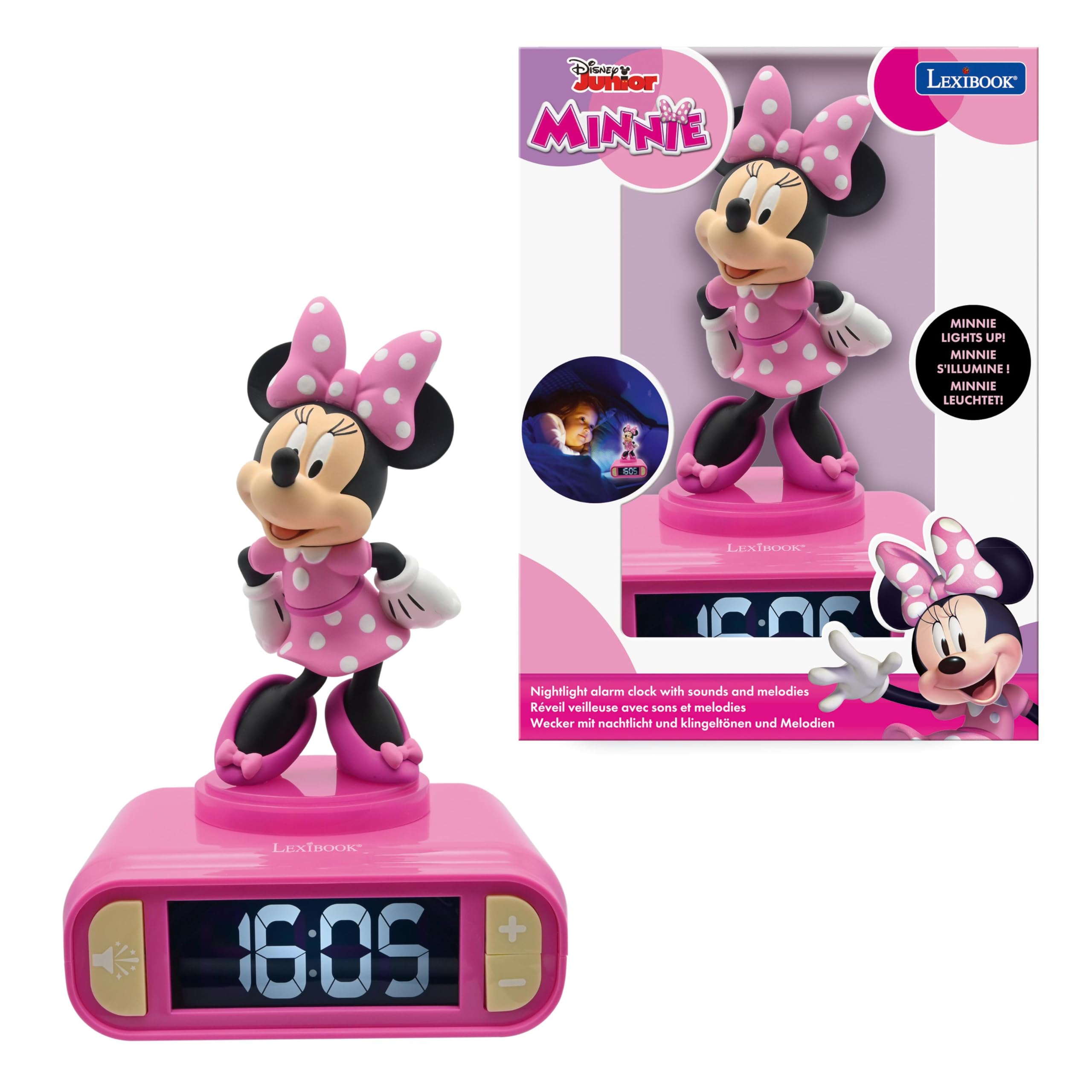 LEXIBOOK, Disney Minnie, Nightlight alarm clock, Sounds and Melodies, LCD Backlit screen, Luminous, Snooze, Pink, RL800MNLXB