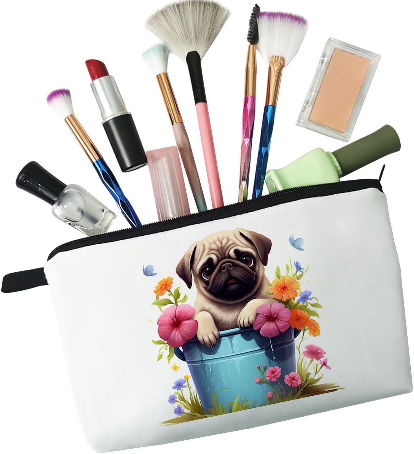 Floral Pug Makeup Bag Cute Small Organizer Zipper Pouch Floral Pug Cosmetic Bag Birthday Present for Women Friends -1 - Image 4