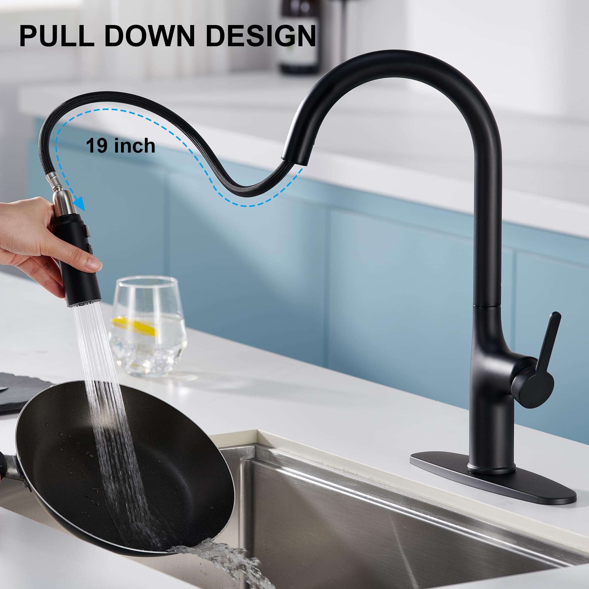 Grifo de cocina negro con rociador extraíble, grifos de fregadero de cocina con placa de cubierta de 3 funciones, rociador extraíble, moderno grifo de cocina comercial de una sola manija