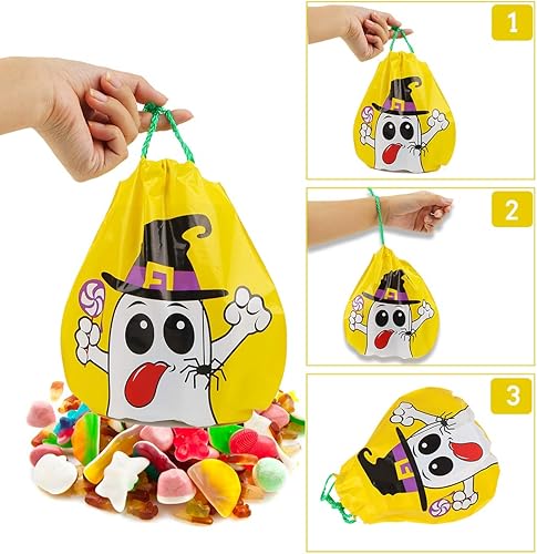 Miniatura 5 de CCINEE 24 bolsas de golosinas con cordón de Halloween, 12 estilos, bolsas de golosinas de Halloween para niños, suministros de fiesta de Halloween