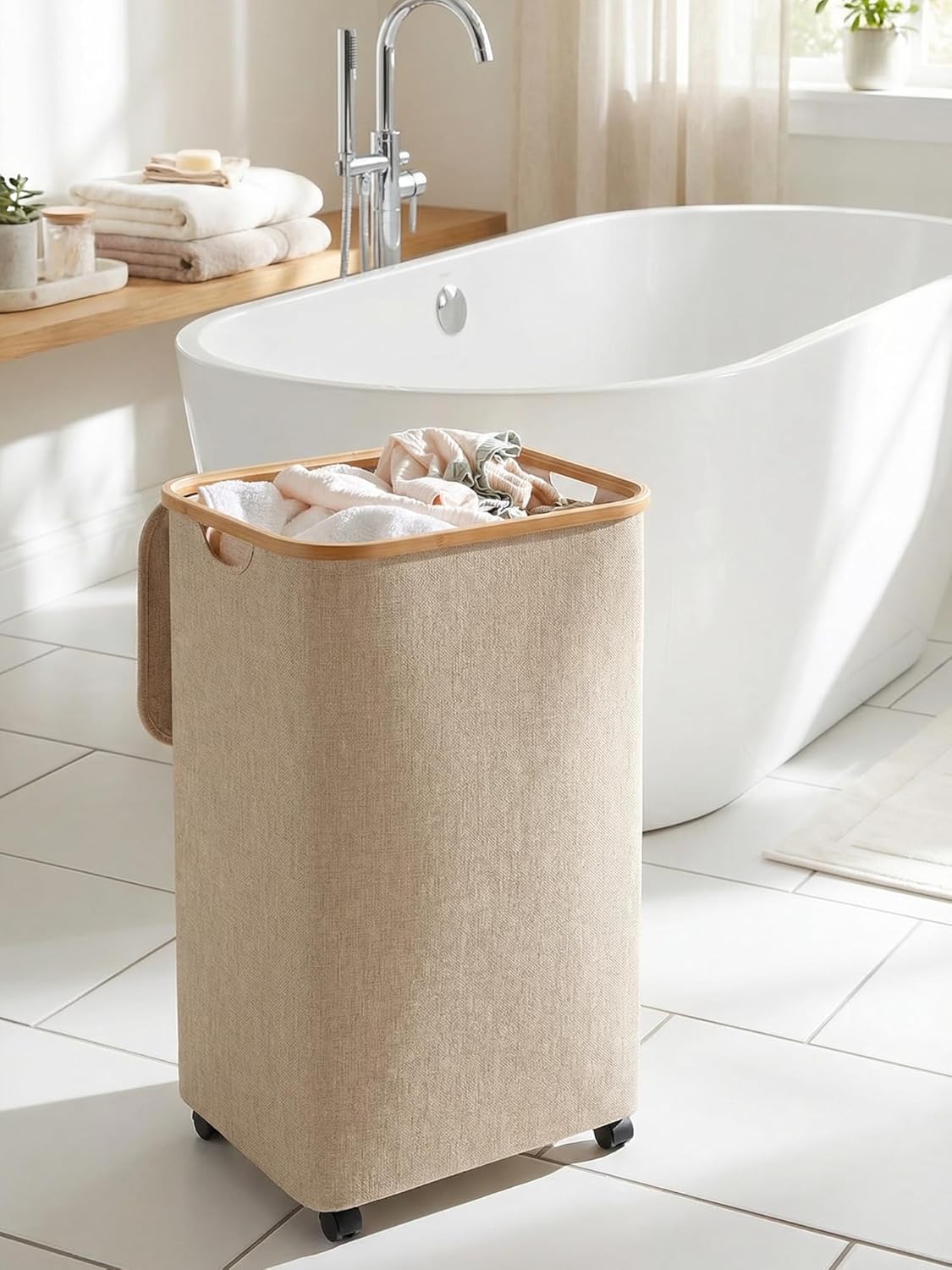 efluky Laundry Basket with Wheels, Tall Rolling Laundry Hamper with Lid and Removable Bag, Aesthetic Dirty Clothes Hamper on Wheels for Laundry Room, Bedroom, Dorm and Bathroom, 100L Oatmeal