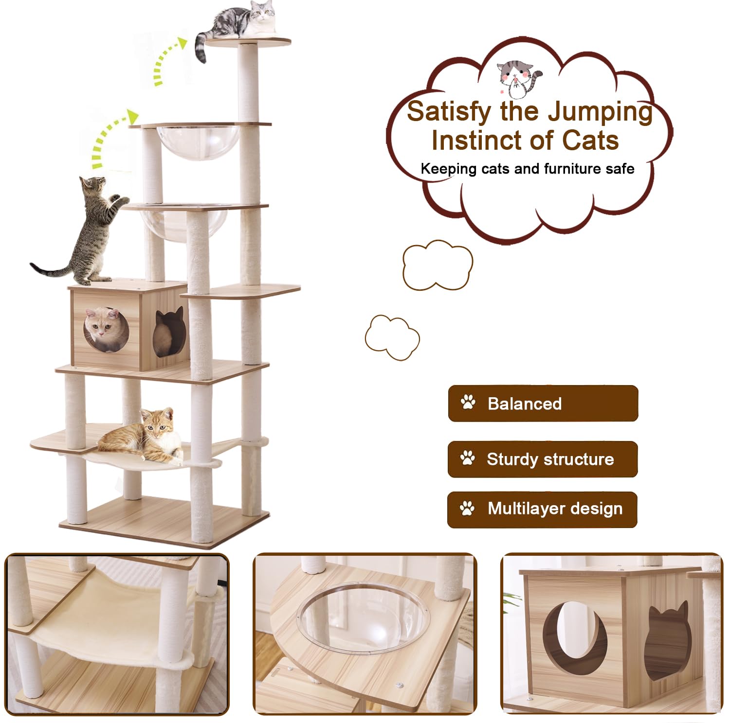 Tiragraffi per gatti 193 cm - 16 Tiragraffi grande - Amaca - 2 Cabine trasparenti - Giocattoli per gatti, Piattaforme di peluche.(KT1154)