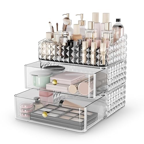 Rosoenvi Organizador de maquillaje para tocador, organizador apilable de cosméticos y almacenamiento, vitrinas de cosméticos con 2 cajones y 1