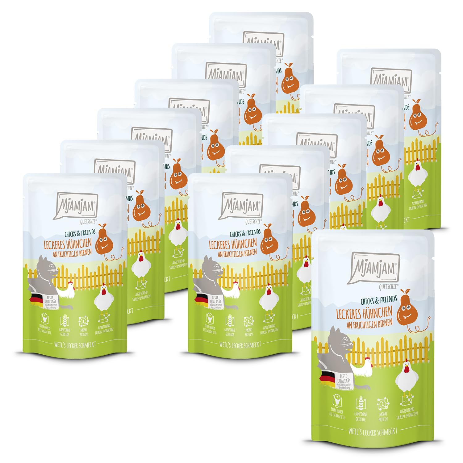 MjAMjAM - Premium wet food for cats - Quetschie - Chicks & Friends delicious chicken with fruity pears, 12 pack (12 x 125g), grain-free