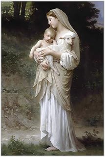 Innocence Virgin Mary Baby Jesus Lamb Poster William-Adolphe Bouguereau Canvas Wall Art Motherhood Moment Prints Painting For Home Bedroom Dorm Wall Decor 12x16in Unframed