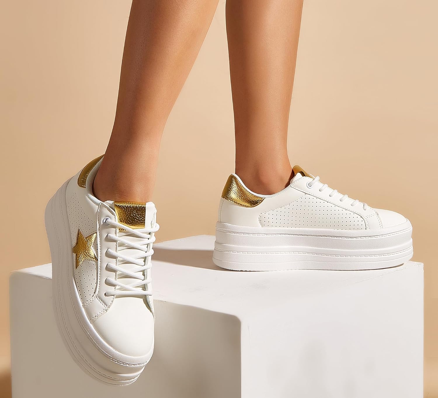 BELOS Fashion Platform Women Sneakers Faux Suede Stars Holographic Rainbow Walking Shoes - Image 6