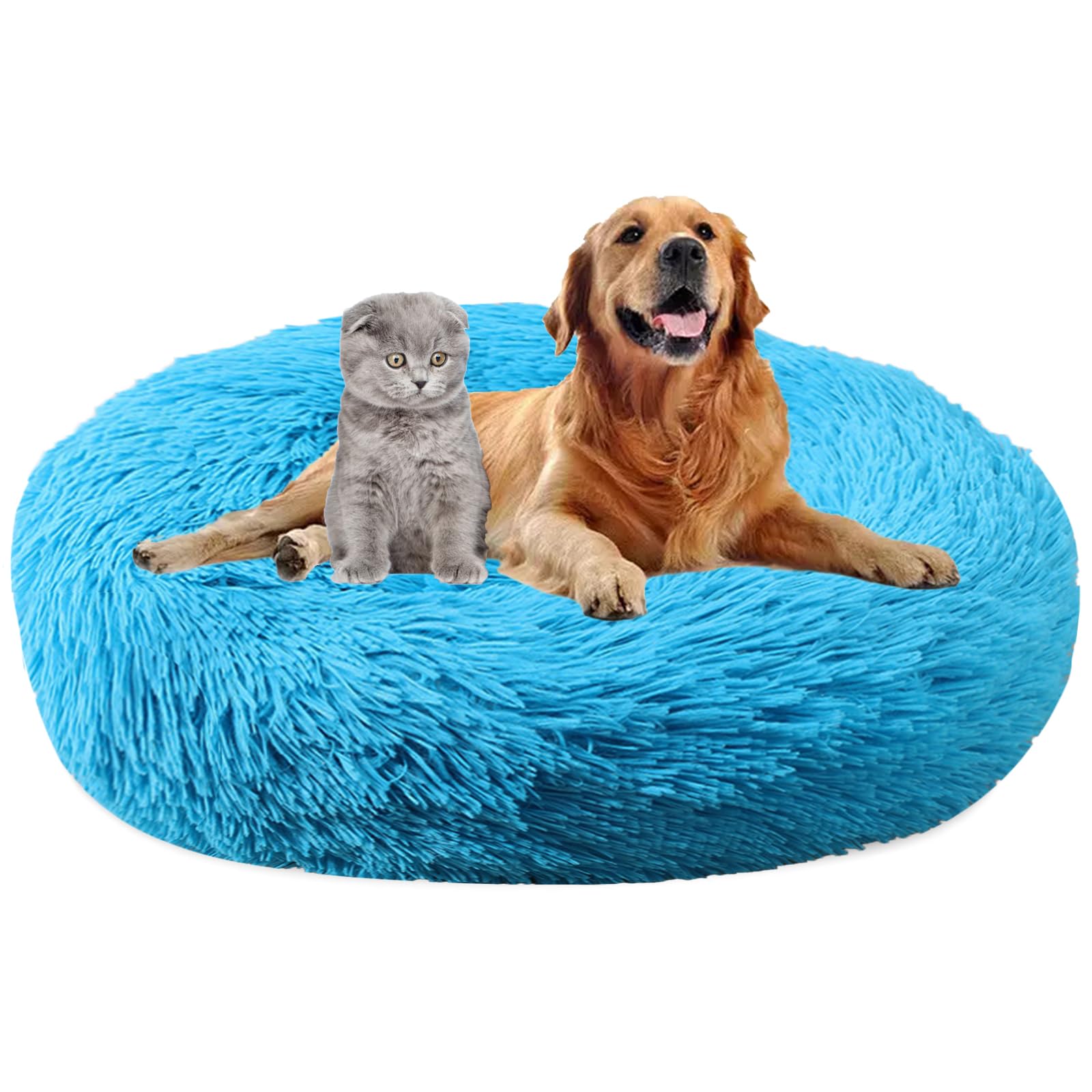 MAIFENGL Calming Dog Bed Plush Donut Pet Bed, Fluffy Washable Non-Slip Plush Cuddler Warming Round Dog Cat Bed- Blue|| Ø120cm/47in
