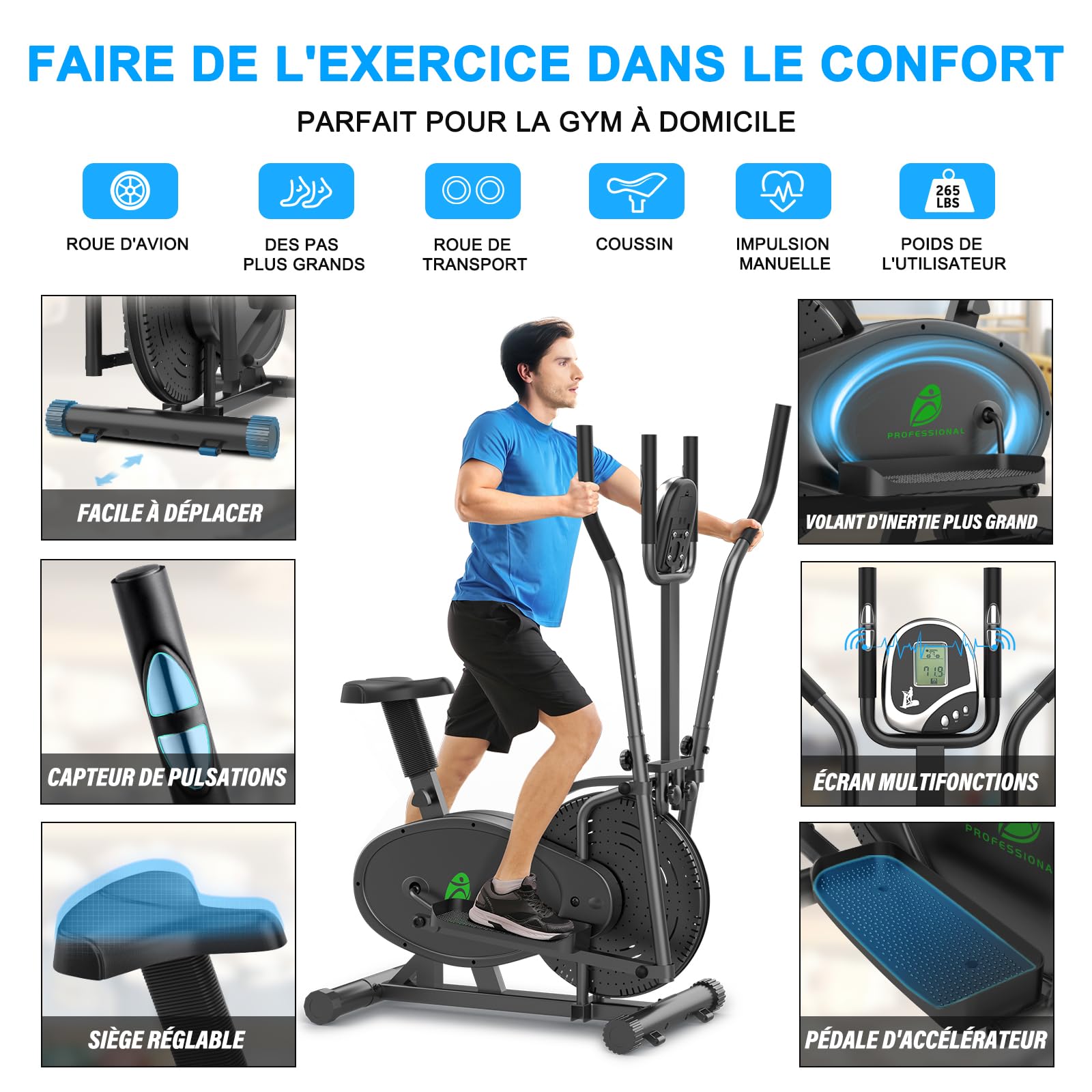 Exerciseur Vélo Elliptique pour la Maison, Vélo d'exercice 2 en 1 avec Siège et Résistance Réglables, écran LCD, Peu Encombrant, Capacité de Charge de 265 LBS