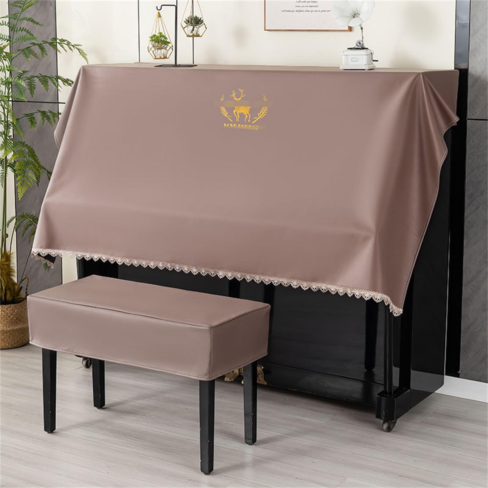 Telo Copri-Polvere per Pianoforte, Copri-Tasti per Pianoforte, Copri-Sgabello, Copertura Protettiva Universale per Pianoforte Verticale, Mezza Copertura con Ricamo di Cervo, Copertura protet