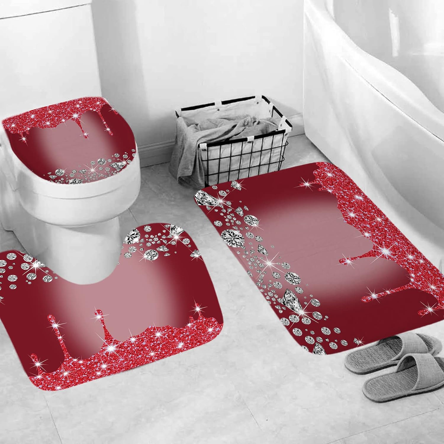4 Pcs Glitter Diamond Shower Curtain Sets, Burgundy Shiny Drips Bath Decor with Rugs and Toilet Lid Cover, Wine Red Luxury Texture Colorful Bling Modern Bathroom Curtain with 12 Hooks, 72 x 72 in Xmas