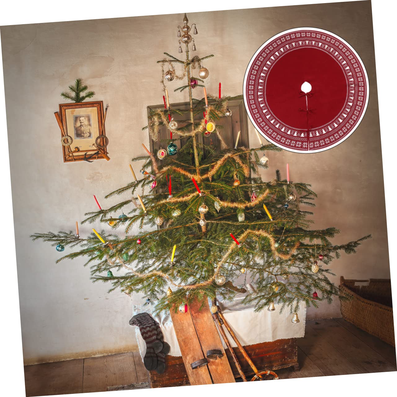 Cabilock Jupe de Sapin de Noël Tricotée Décorative avec Flocons et Éléments de Sapin de Noël